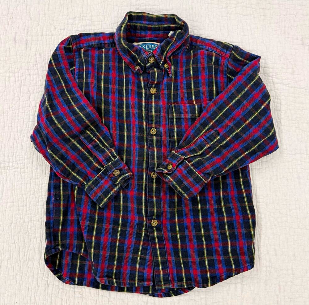 Express Boys Size 5 Blue Red Plaid Long Sleeve Button-Down Cotton Shirt